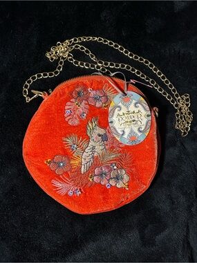 Powder Handmade Red Velvet Embroidered Cockatoo Crossbody Bag